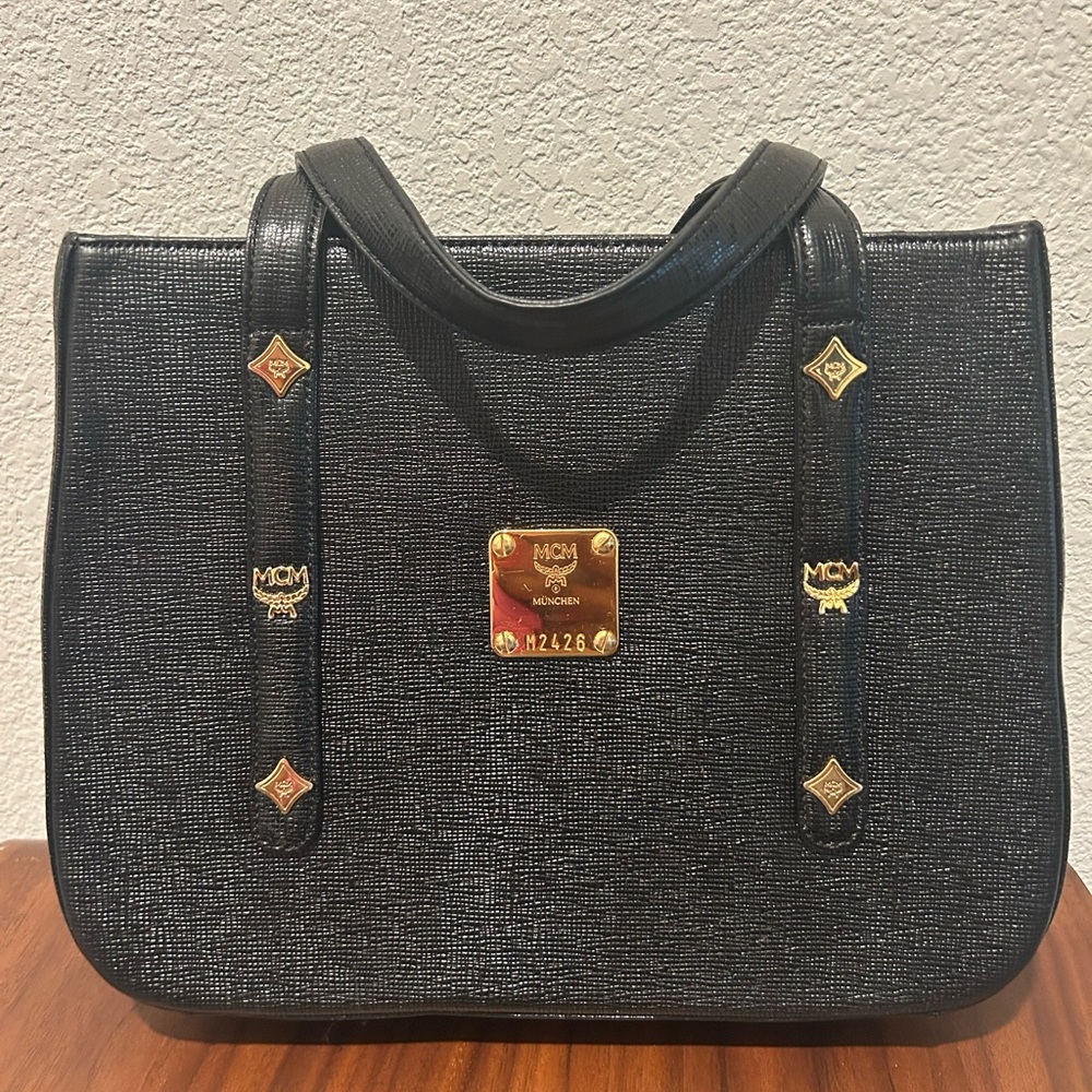 MCM Black Textured Leather Tote with Gold Hardware